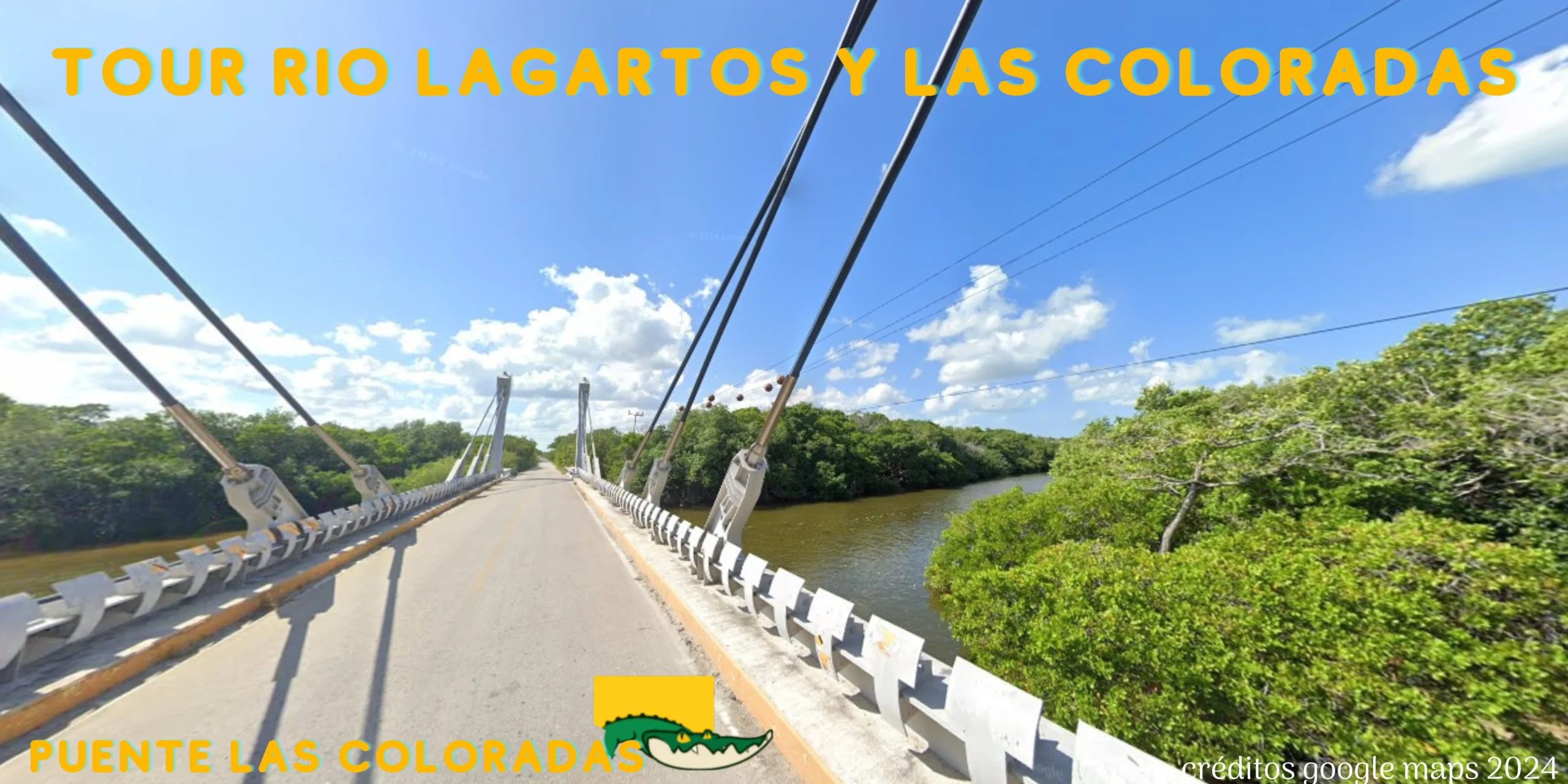 Guía definitiva rio lagartos las coloradas 8 hermosa vista del puente las coloradas que une estos dos puertos, en la imagen se puede ver una toma desde lo alto del puente hacia los verdes manglares de rio lagartos tour