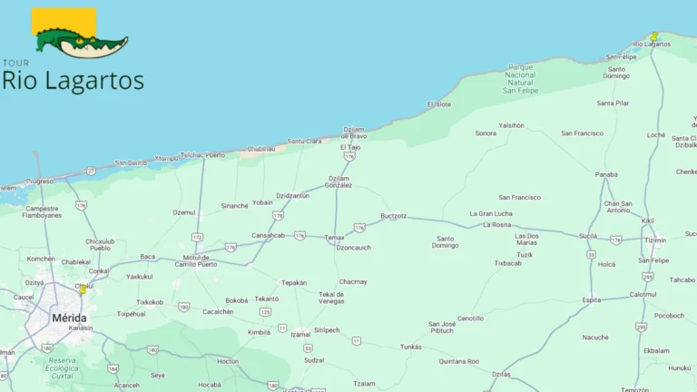 mapa de la península de yucatán, en la cual se puede apreciar como llegar a rio lagartos desde mérida por la ruta federal 176