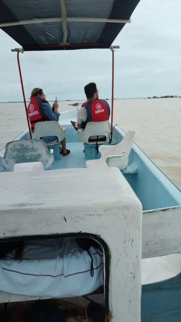Creando Recuerdos: Nuestro Viaje Familiar a Río Lagartos 3 Una pareja de turistas en un tranquilo paseo en lancha por la Ría de Río Lagartos, usando chalecos salvavidas mientras observan la fauna de la reserva.
