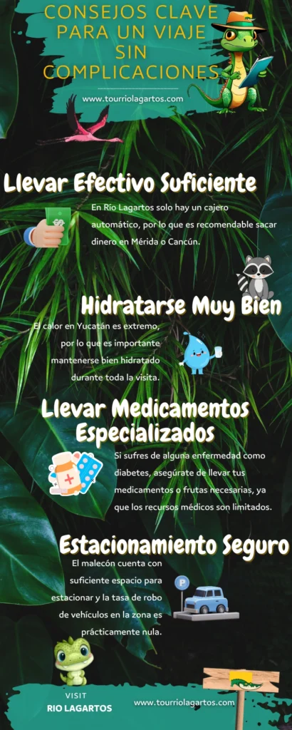 Infografía con tips de viaje esenciales para visitar Río Lagartos, incluyendo protección solar, revisar el clima, internet limitado y usar ropa cómoda.