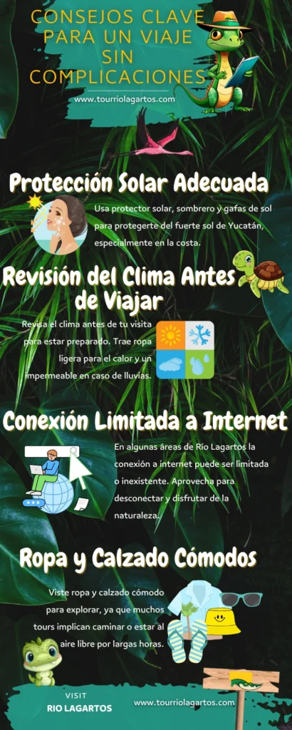 Infografía con consejos cruciales para un viaje a Río Lagartos, sobre llevar efectivo, mantenerse hidratado, traer medicamentos y estacionamiento seguro. Son los mejores tips de viaje río lagartos