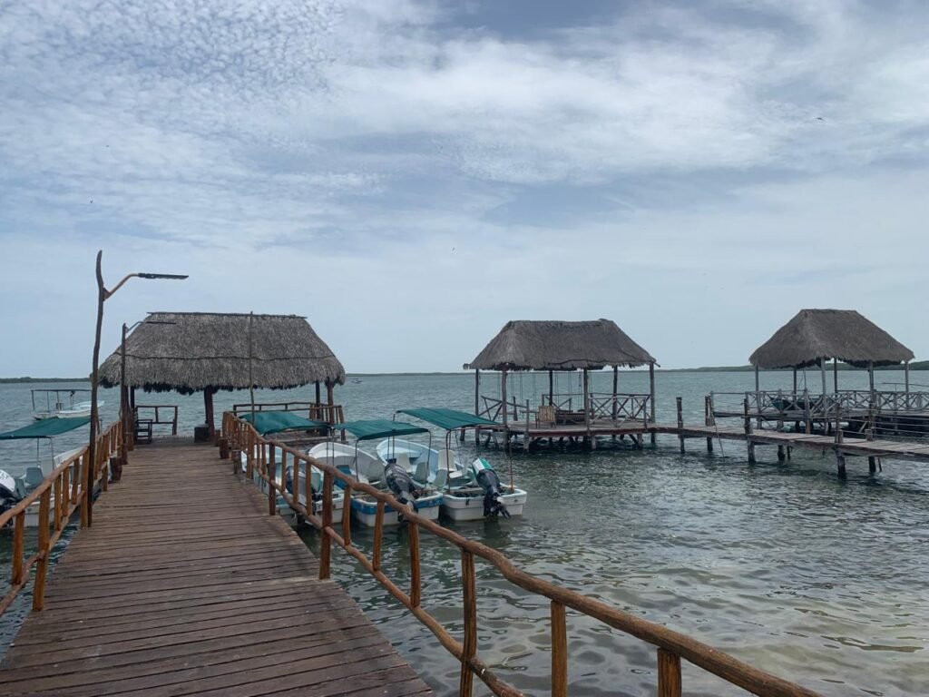 Traditional wooden pier with thatched-roof palapas and private boats for the Rio Lagartos biosphere tour in Yucatan.