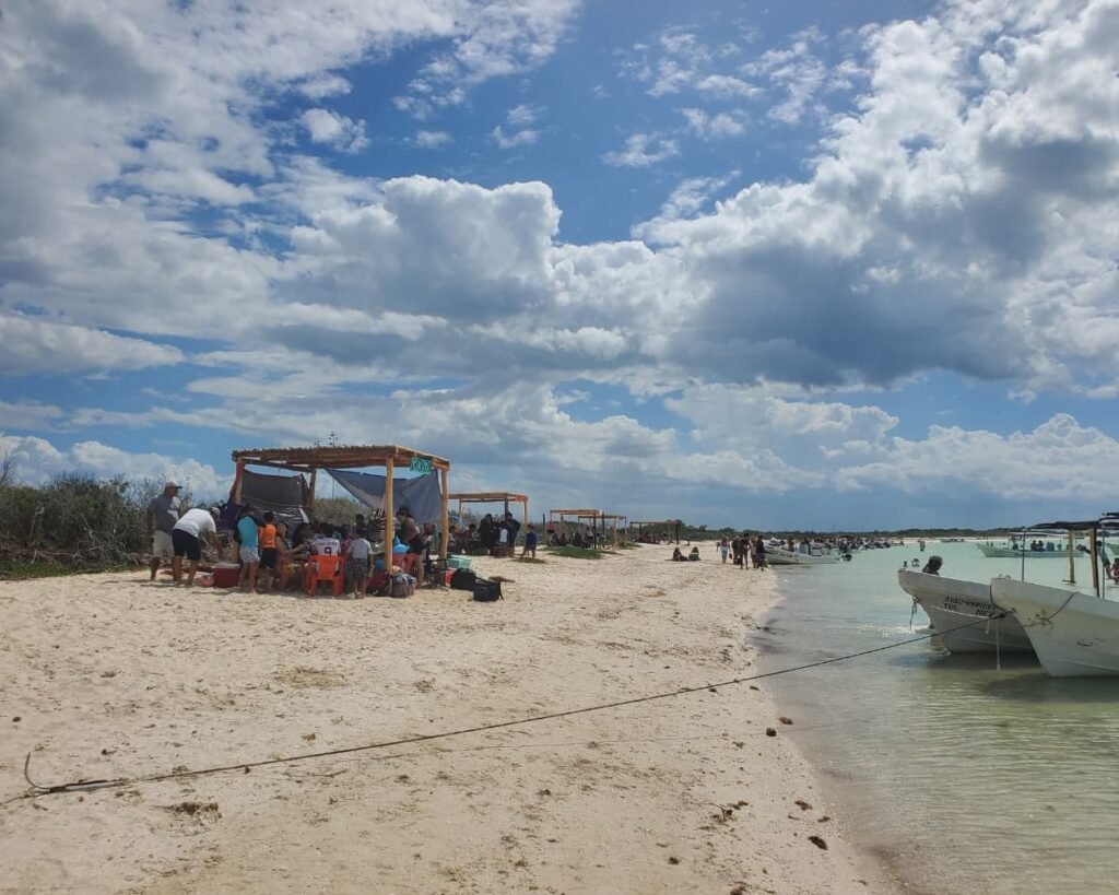 The Ultimate Guide Rio Lagartos Las Coloradas 8 Guided tour groups relaxing under beach palapas during a Rio Lagartos private tour booking.